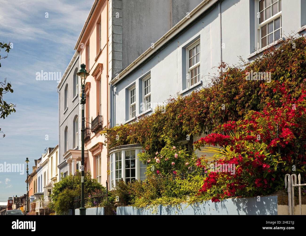 UK, Wales, Pembrokeshire, Pembroke, Main Street, Orielton Terrace – the Chain Back, colourfully painted elegant Georgian houses Stock Photo