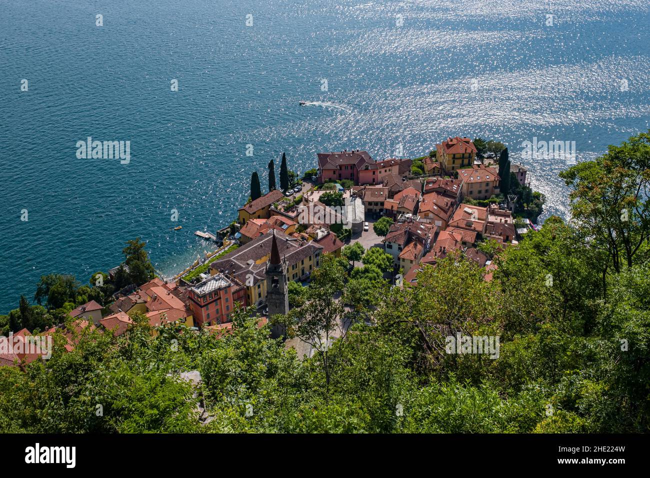 Aerial view from Castle di Vezio on the town and Lake Como. Stock Photo