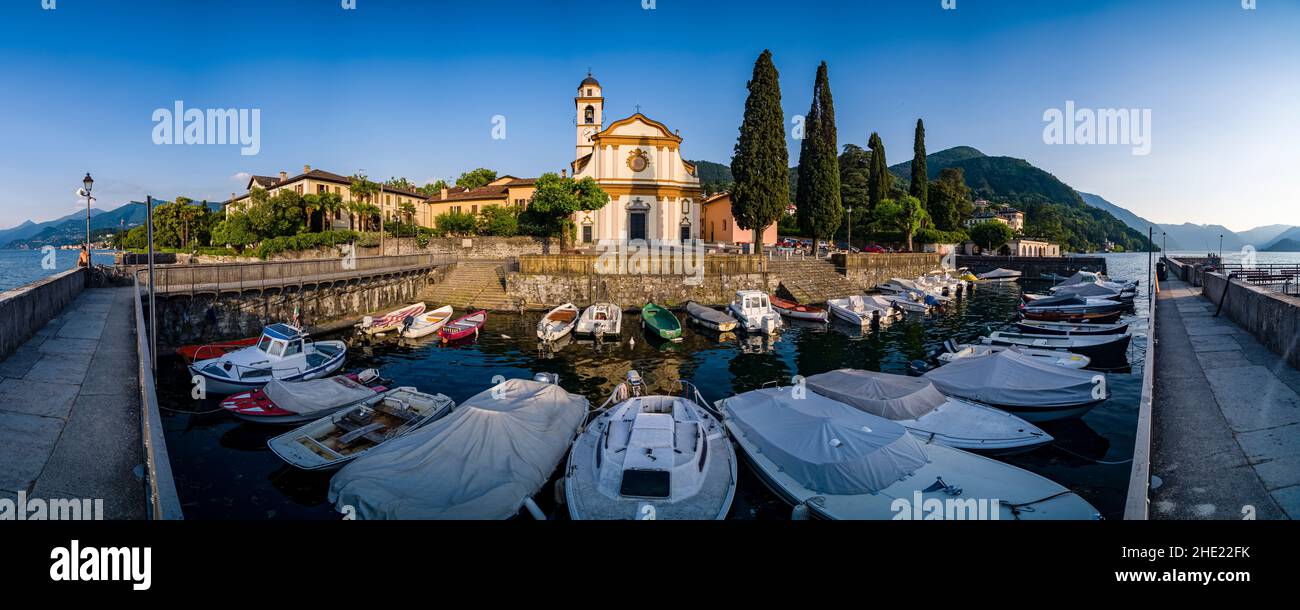 Panoramic view of the church Chiesa S. Giovanni, located at the harbour of the small town. Stock Photo