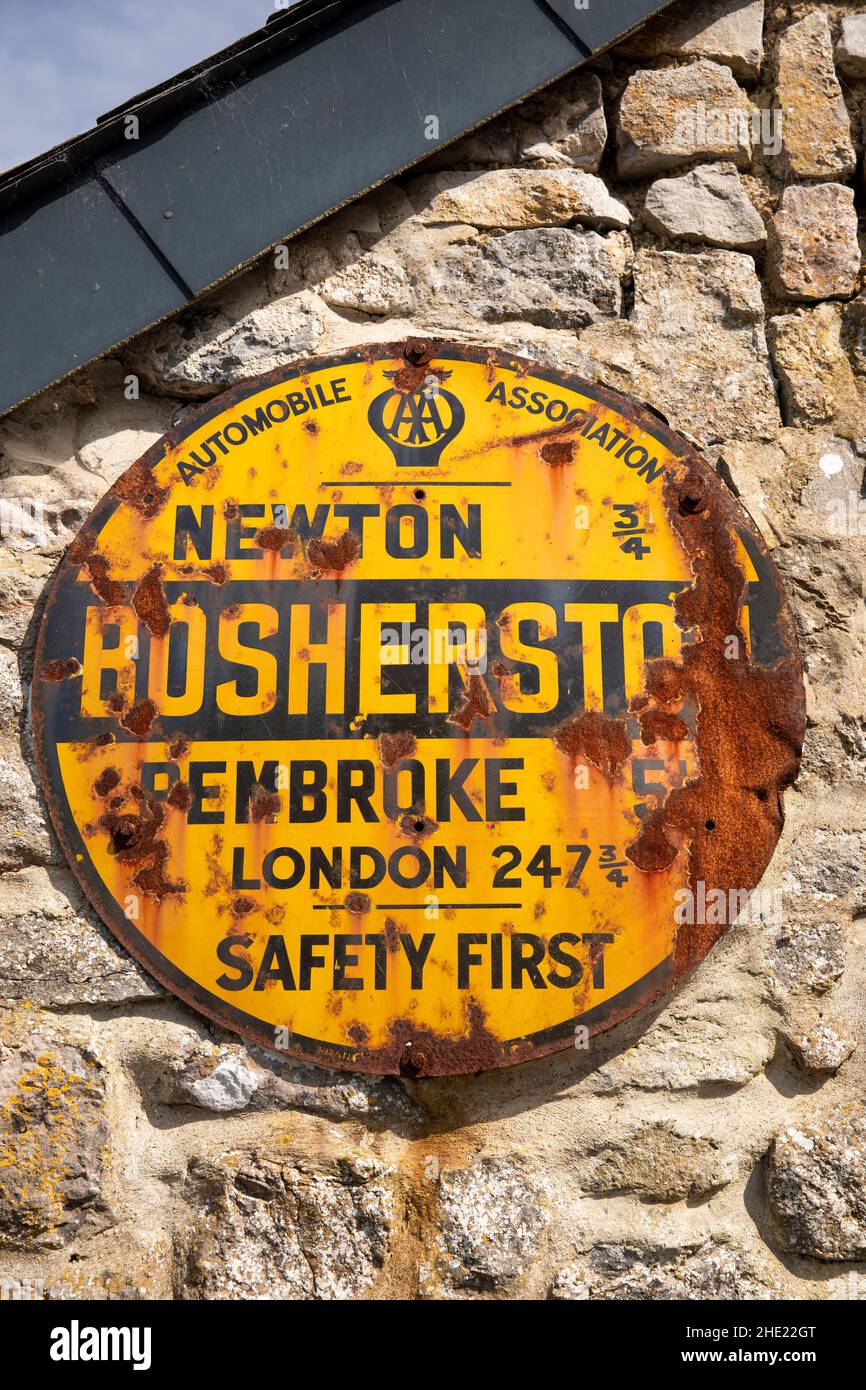 UK, Wales, Pembrokeshire, Bosherston, old rusting AA village sign Stock Photo
