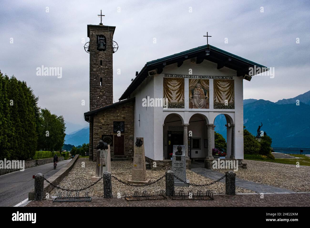 The little church on the hill Madonna del Ghisallo is dedicated to cyclists. Stock Photo