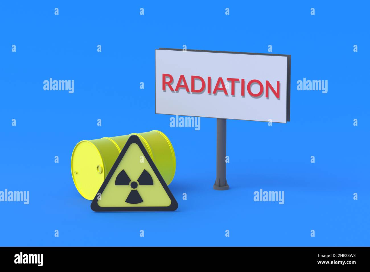 Billboard with inscription radiation near barrels and sign. Announcement of storage toxic elements. Disposal of hazardous waste. Radioactive release i Stock Photo