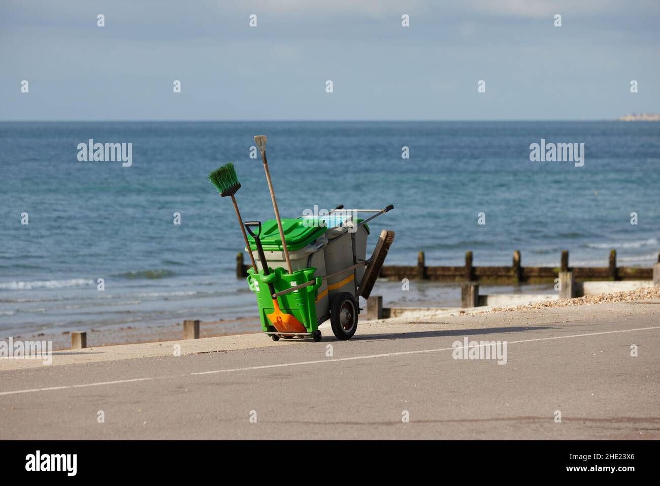 Wheelie bins and cleaning tools seen on the beachfront of Bognor Regis