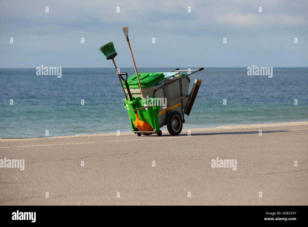 Wheelie bins and cleaning tools seen on the beachfront of Bognor Regis