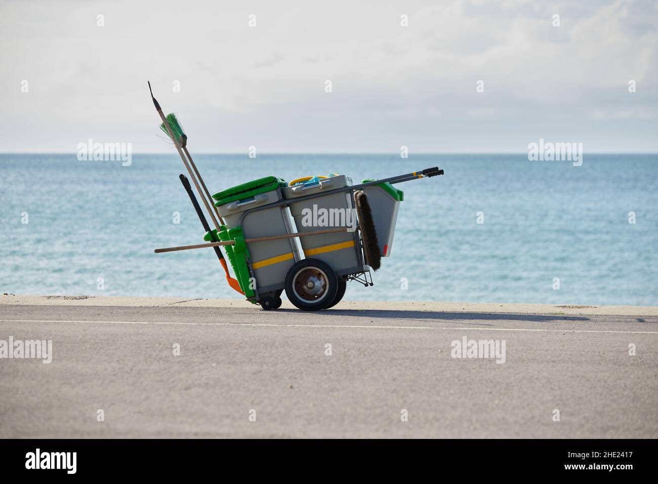Wheelie bins and cleaning tools seen on the beachfront of Bognor Regis