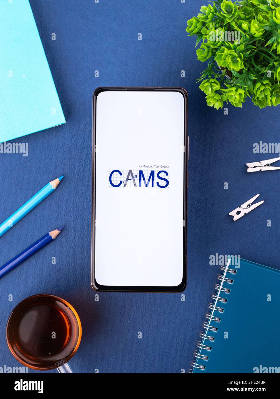 West Bangal, India - December 15, 2021 : myCams logo on phone screen stock image. Stock Photo