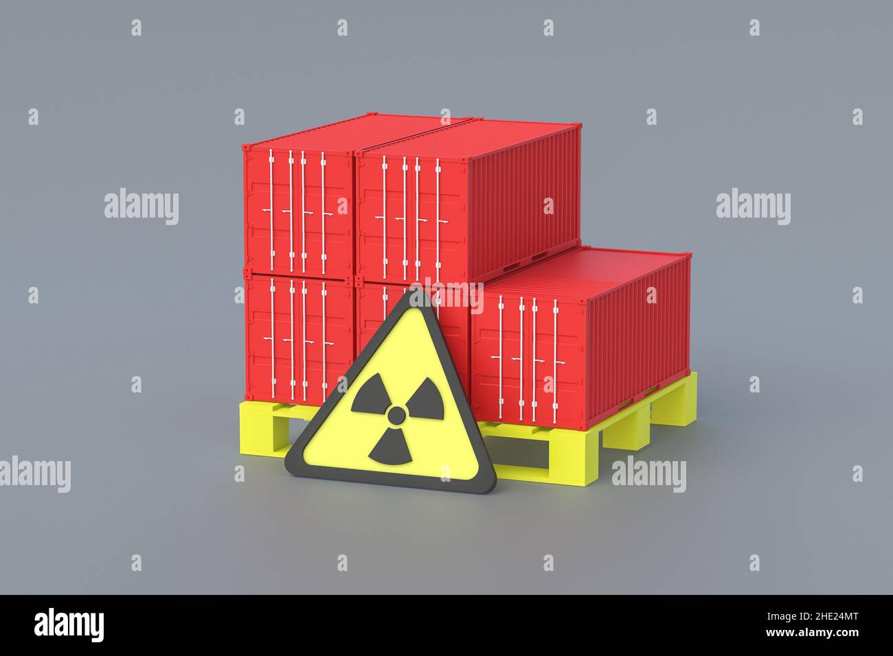 Freight container on pallet near sign of radiation. The concept of disposal of radioactive waste