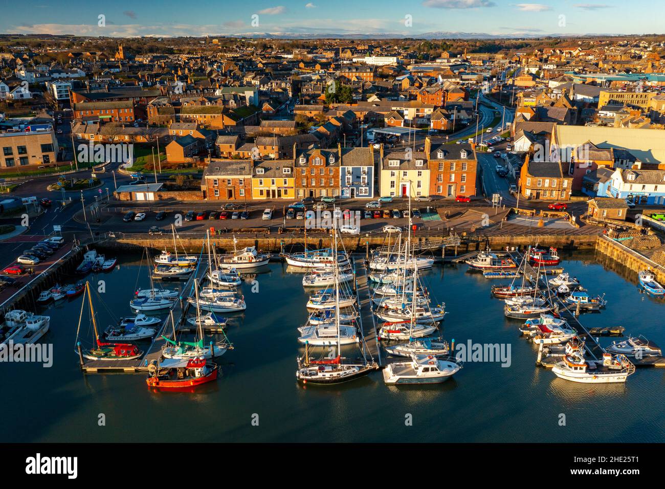 Aerial view from drone of Arbroath harbour in Angus, Scotland. UK Stock Photo