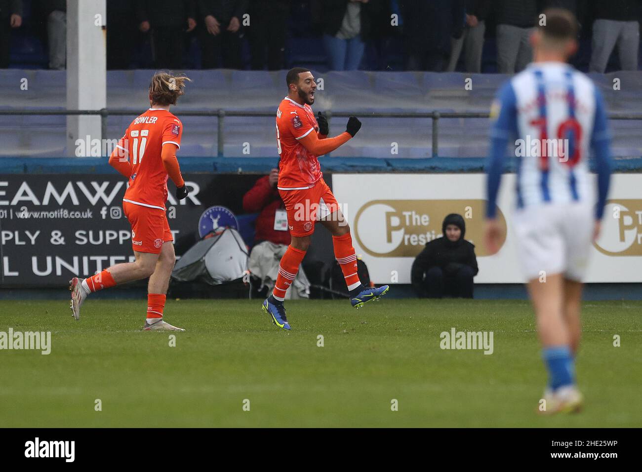 HARTLEPOOL, UK. JAN 8TH Blackpool's Keshi Anderson celebrates after scoring their first goal during the FA Cup match between Hartlepool United and Blackpool at Victoria Park, Hartlepool on Saturday 8th January 2022. (Credit: Mark Fletcher | MI News) Credit: MI News & Sport /Alamy Live News Stock Photo