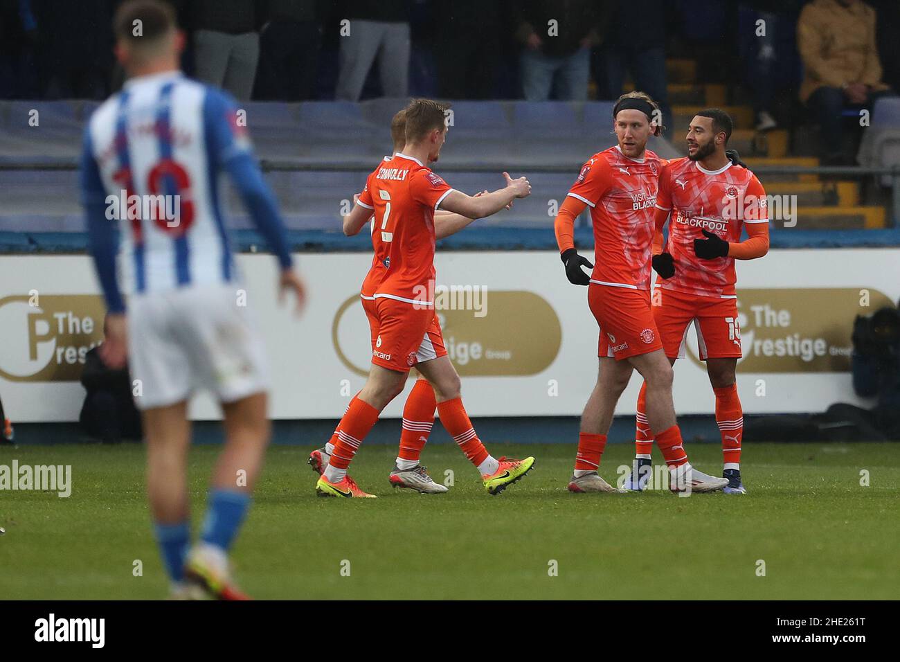 HARTLEPOOL, UK. JAN 8TH Blackpool's Keshi Anderson celebrates after scoring their first goal during the FA Cup match between Hartlepool United and Blackpool at Victoria Park, Hartlepool on Saturday 8th January 2022. (Credit: Mark Fletcher | MI News) Credit: MI News & Sport /Alamy Live News Stock Photo