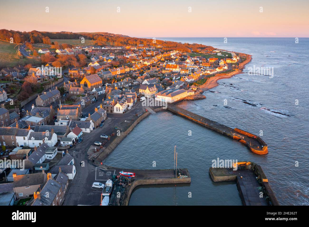 Aerial view from drone of Johnshaven village and harbour in Aberdeenshire, Scotland. UK Stock Photo