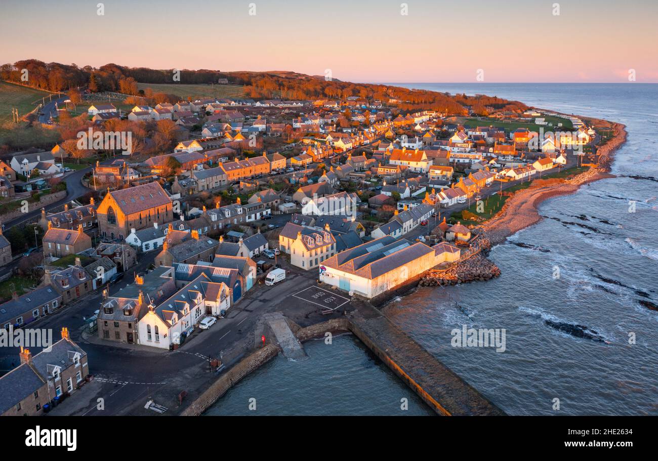 Aerial view from drone of Johnshaven village and harbour in Aberdeenshire, Scotland. UK Stock Photo