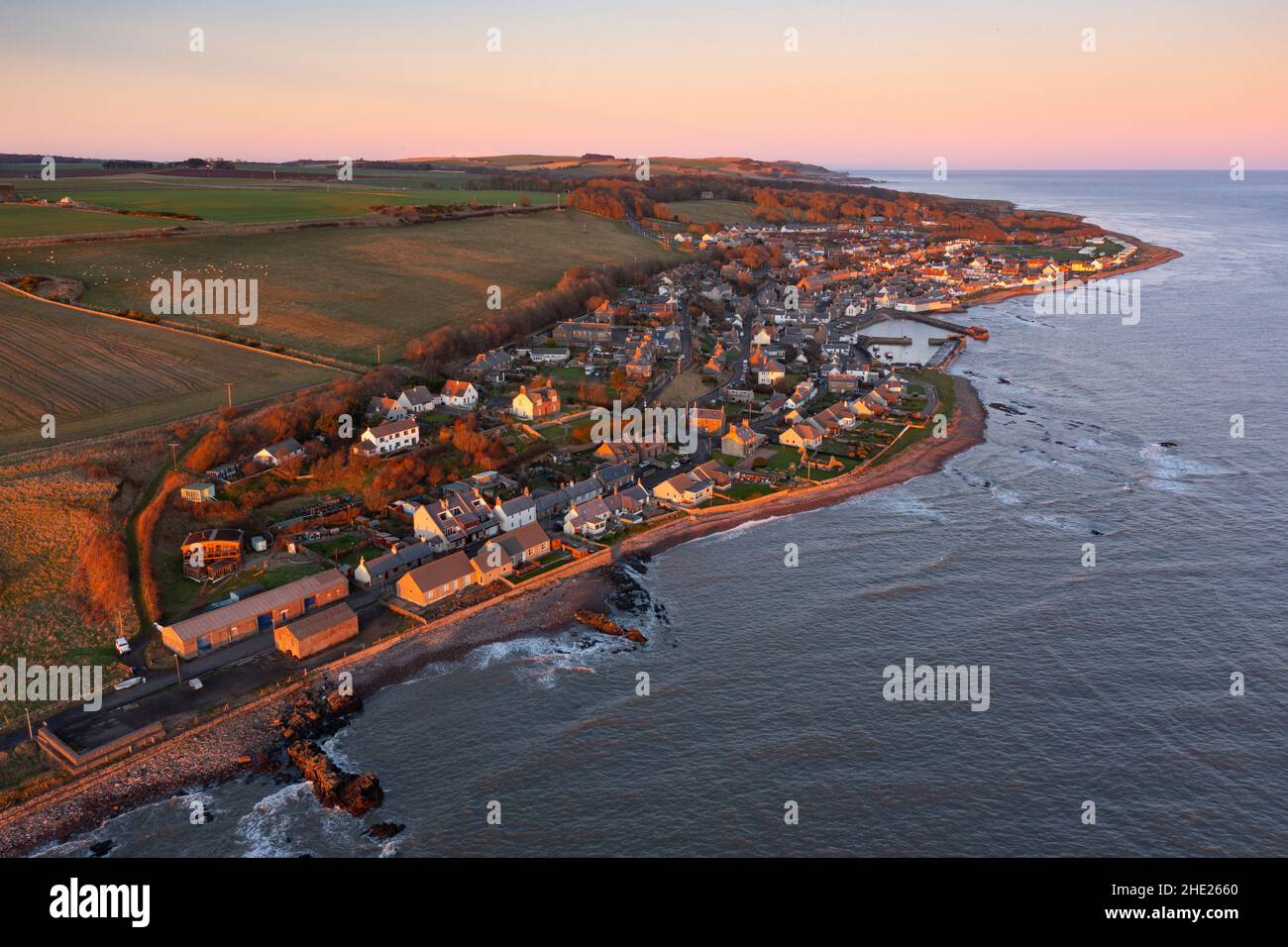 Aerial view from drone of Johnshaven village and harbour in