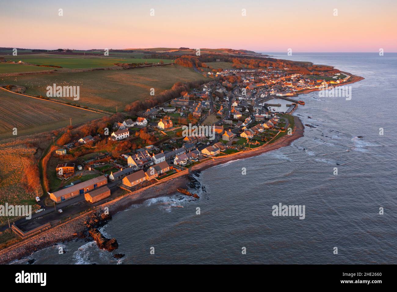 Aerial view from drone of Johnshaven village and harbour in Aberdeenshire, Scotland. UK Stock Photo