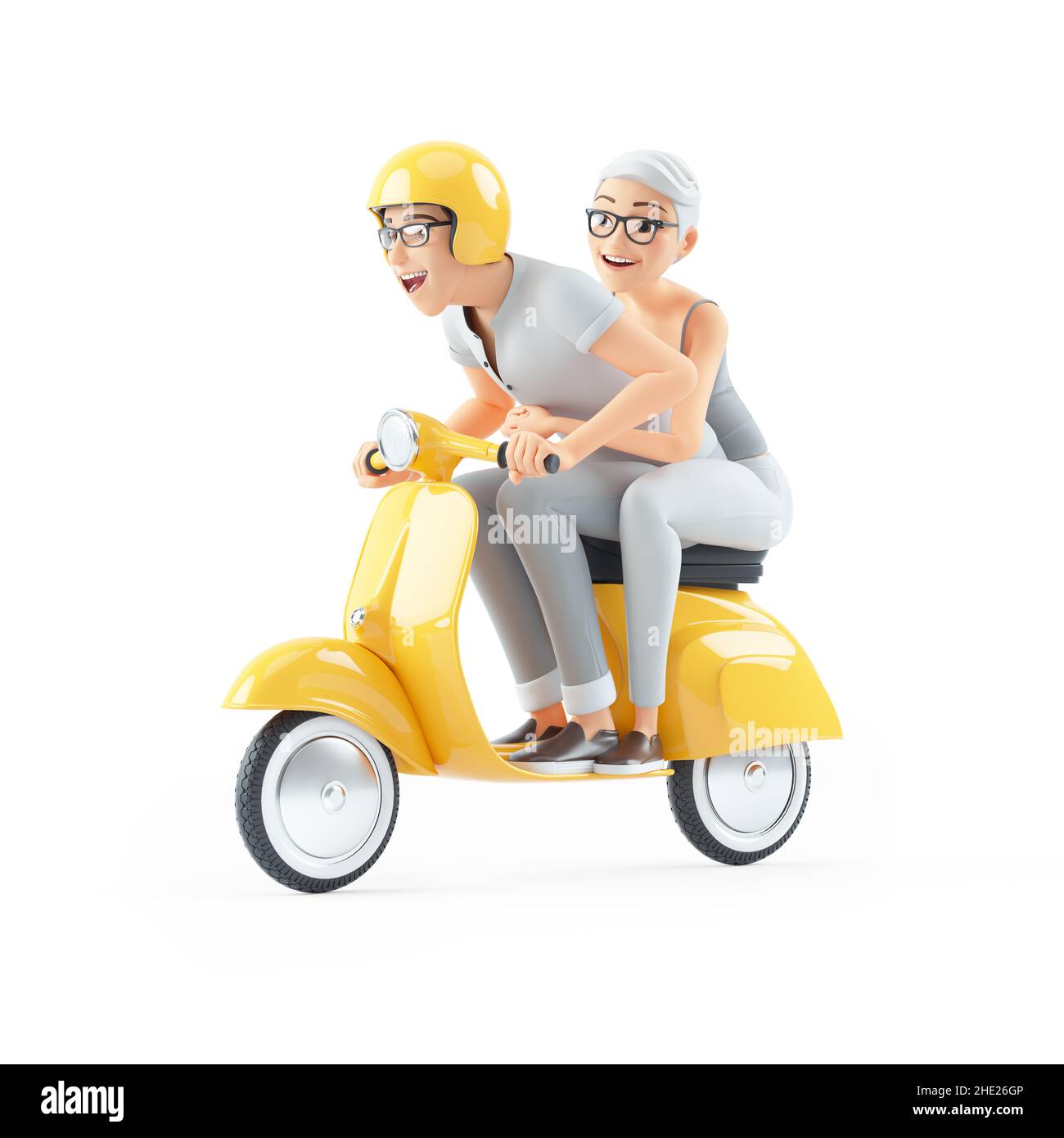 3d senior man and woman riding a scooter, illustration isolated on white background Stock Photo