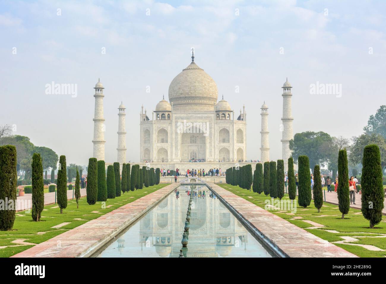 Early morning view of the Taj Mahal reflected in the reflecting pool, Agra, Uttar Pradesh, India, South Asia Stock Photo