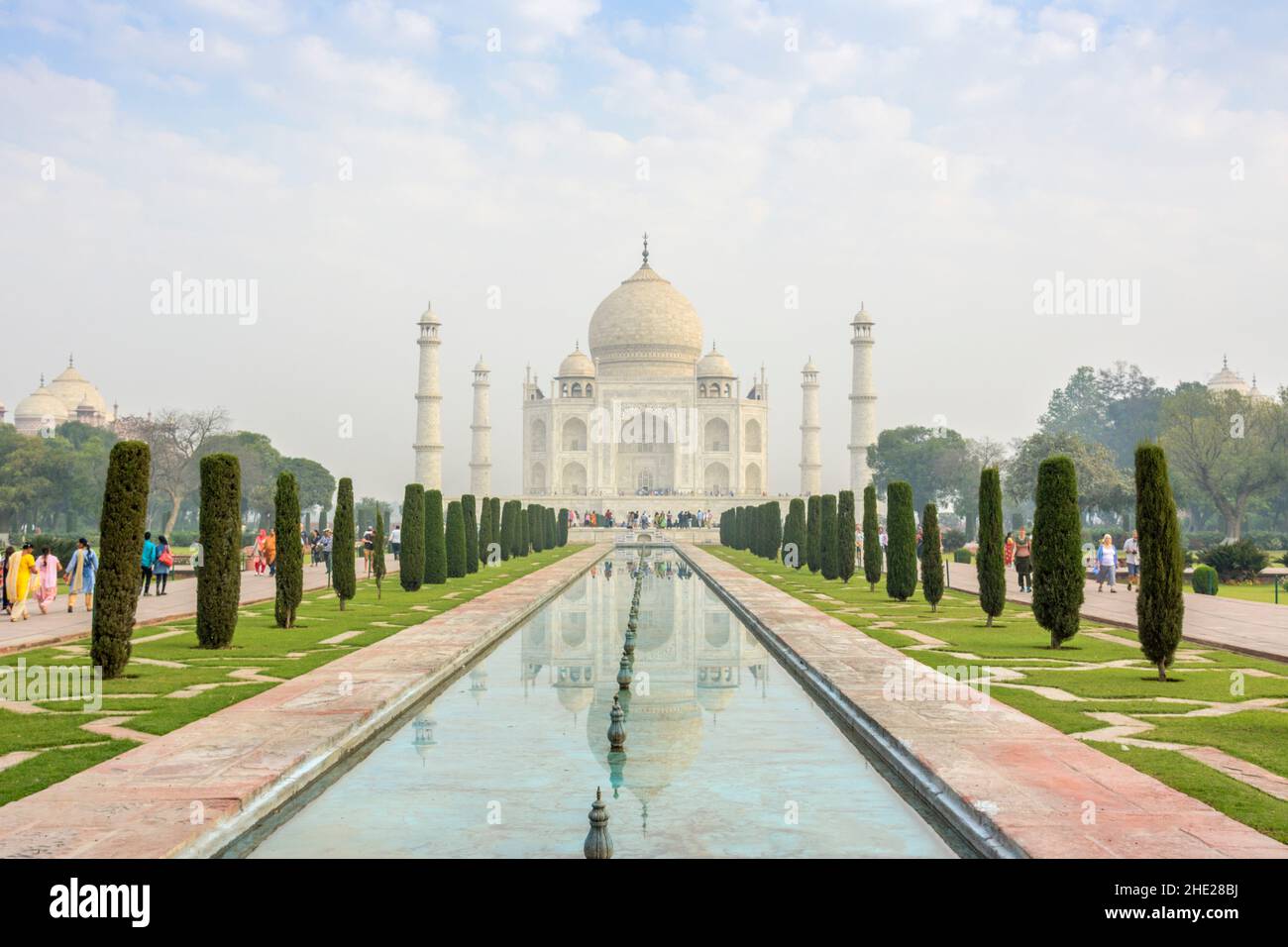 Early morning view of the Taj Mahal reflected in the reflecting pool, Agra, Uttar Pradesh, India, South Asia Stock Photo