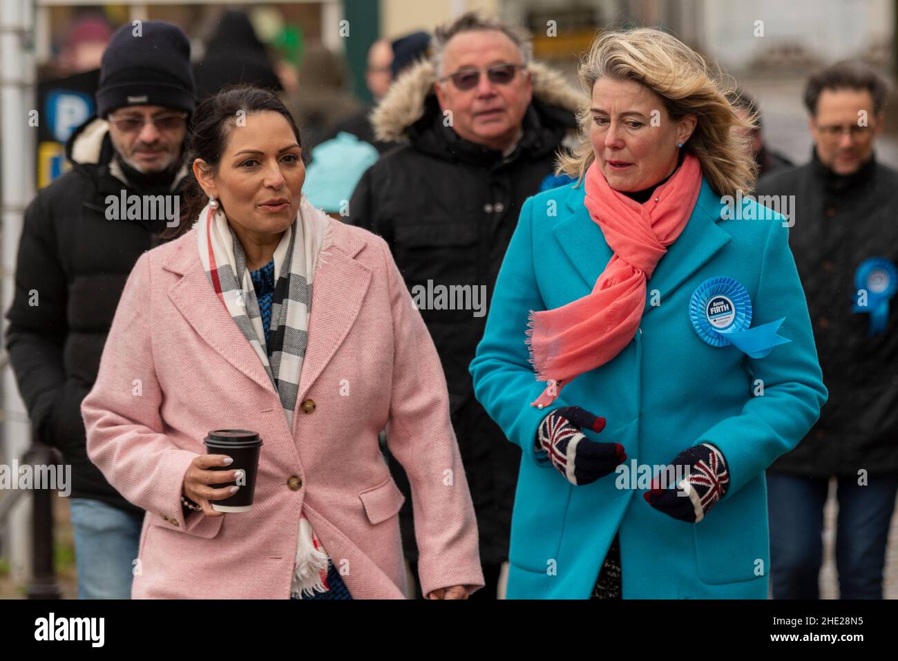 Conservative MP Priti Patel with Southend West Tory candidate Anna Firth campaigning to replace David Amess at the by-election. In Old Leigh on Sea Stock Photo