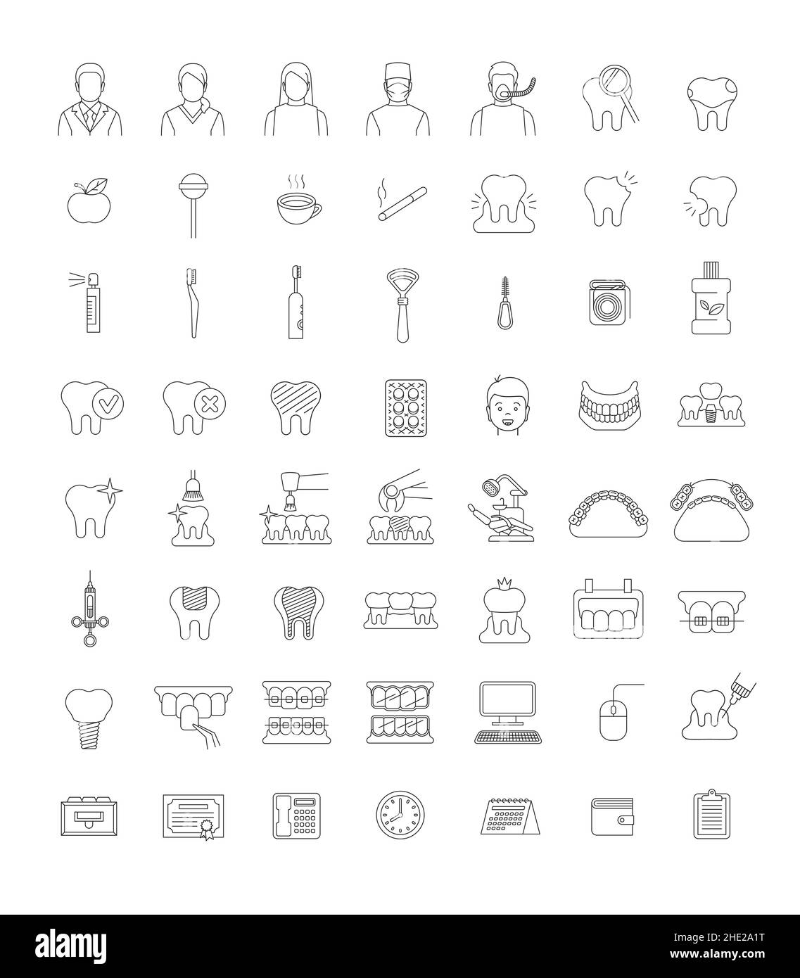 Dentistry icons. Thin line vector signs of dental clinic services. Oral health care concepts. Mouth hygiene, dental implants, surgery, orthodontic. De Stock Vector