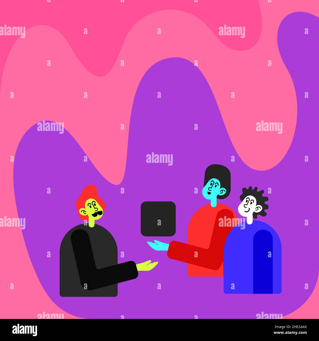 Three Colleagues Having Meeting Displaying Cube Representing Teamwork