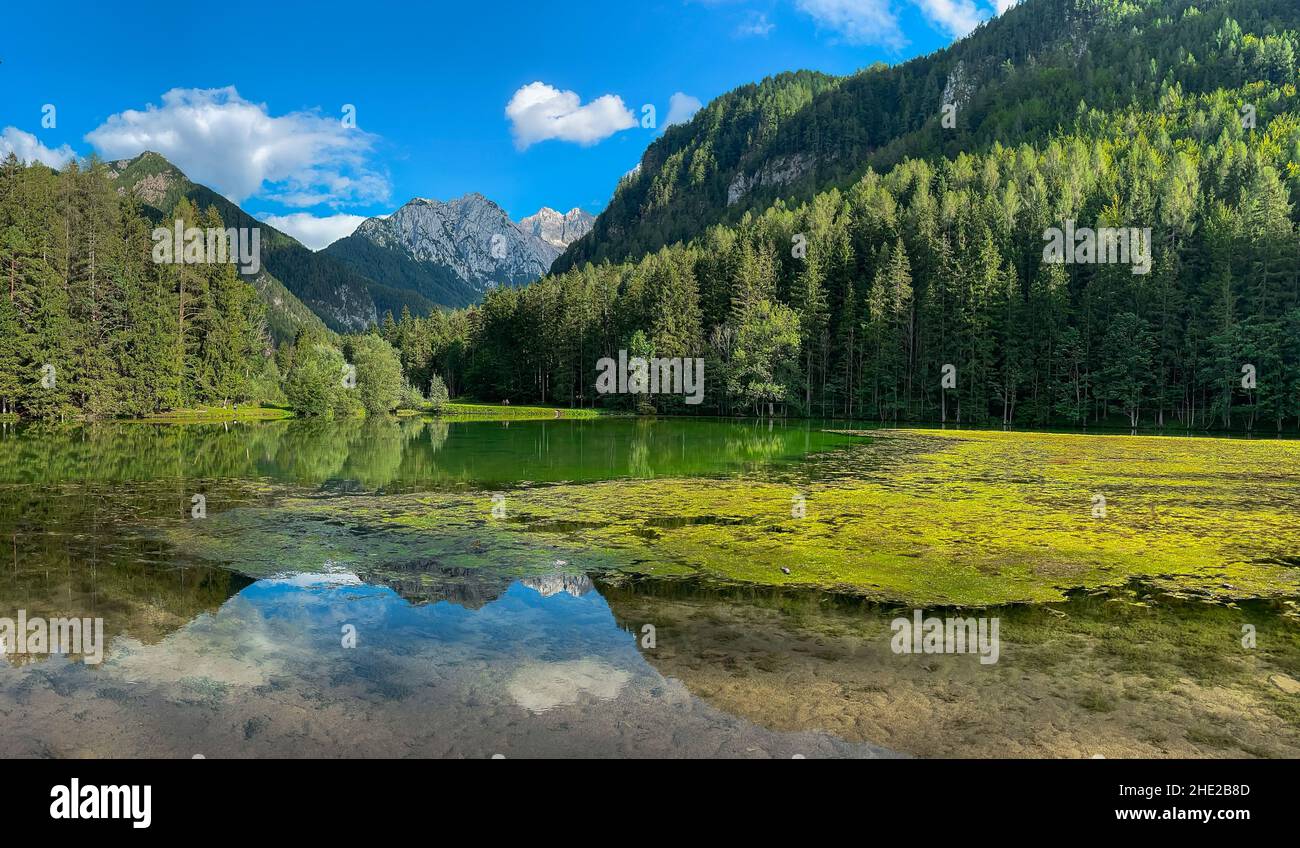 Scenic mountain landscape and the lake of Plansansko jezero at Jezersko in Slovenia Stock Photo