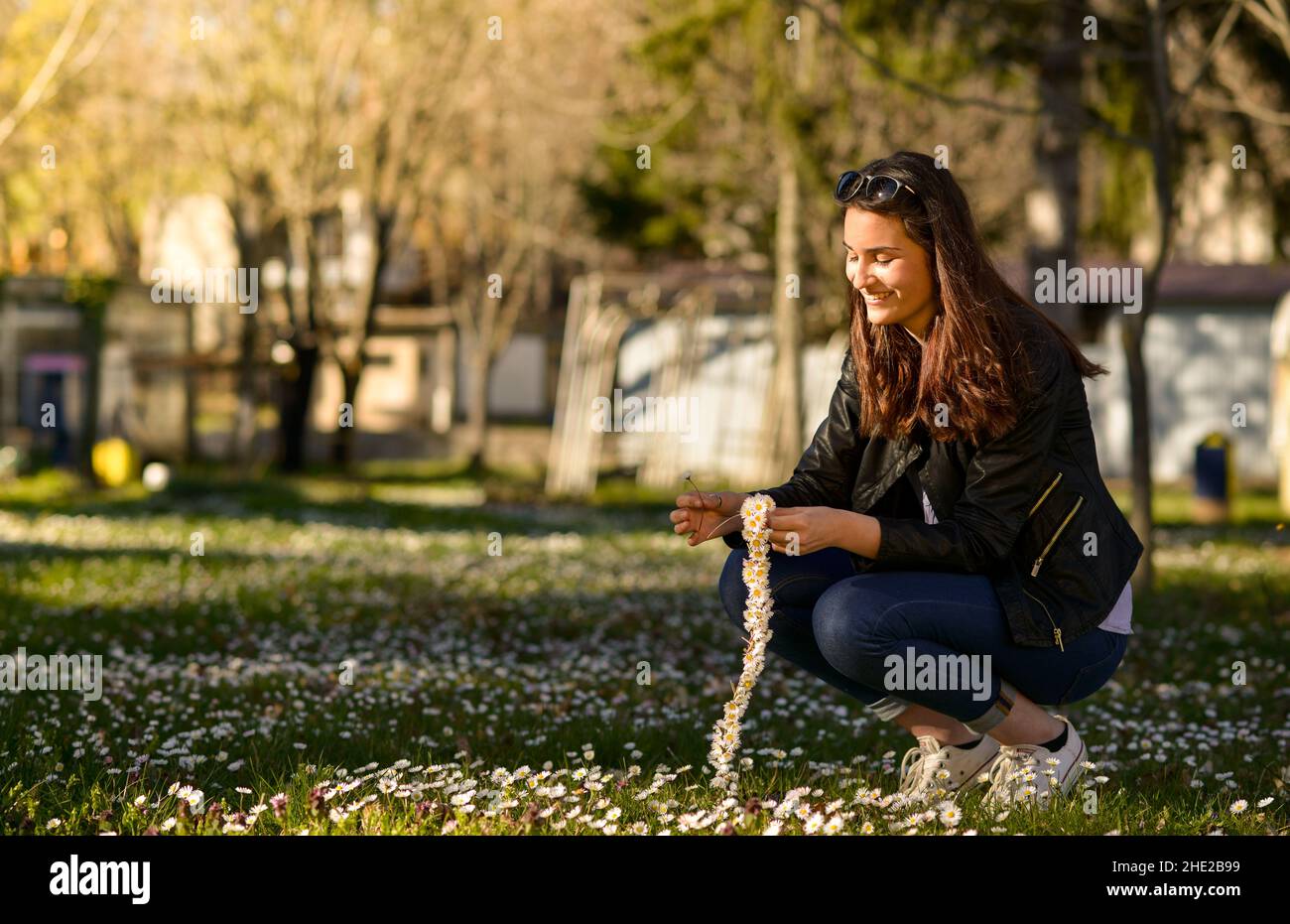 girl with chamomile flowers Stock Photo - Alamy