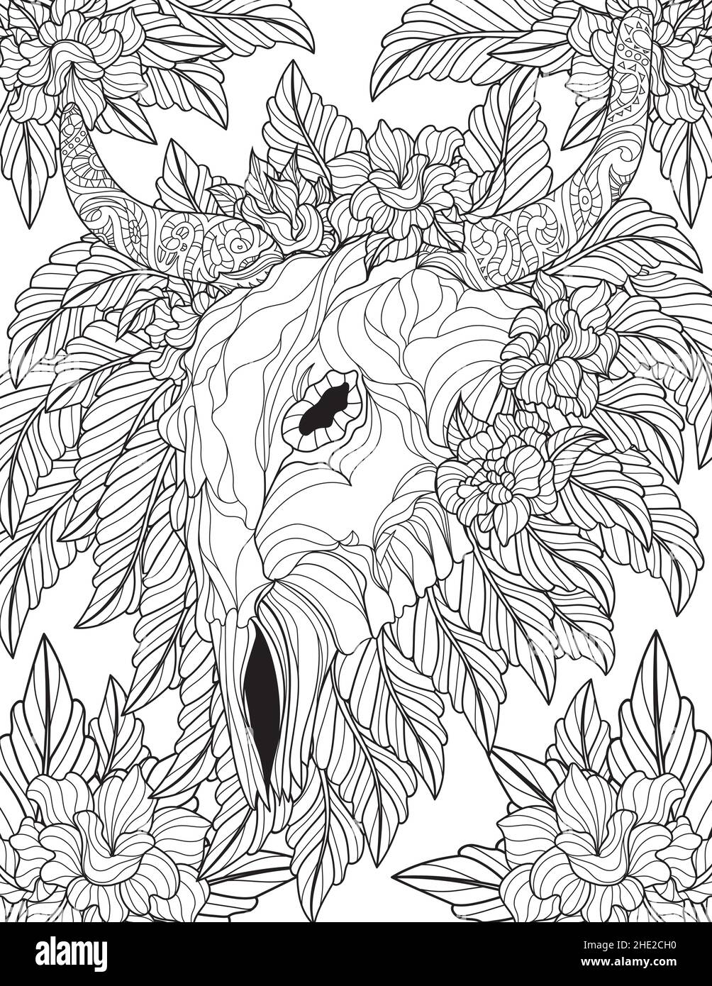 Dead Bull Skull With Long Horns Surrounded With Flowers Line Drawing For Coloring Book Stock Vector