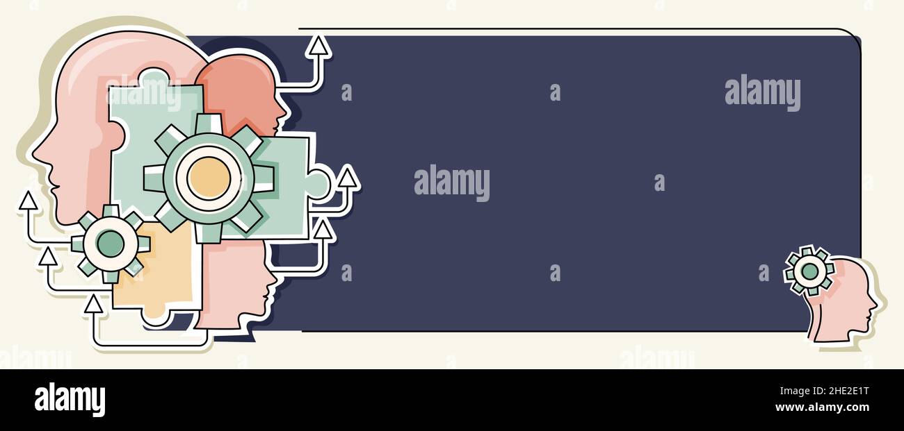 Multiple Heads With Cogs Showing Technology Ideas. Gears In Brain Symbols Design Displaying Mechanical And Technical Idea. Stock Vector