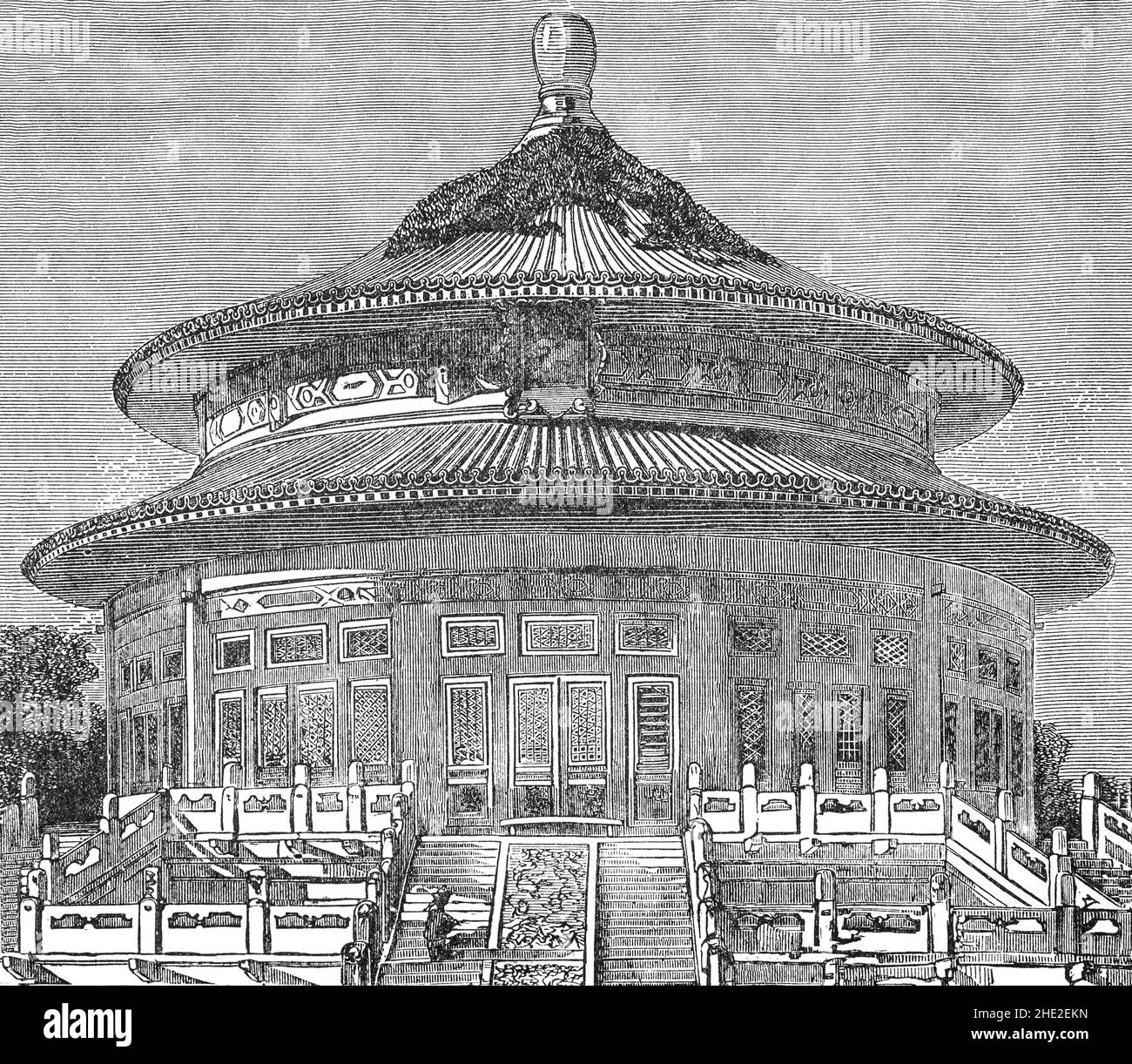 A late 19th Century illustration of The Temple of Heaven, an imperial complex of religious buildings situated in the southeastern part of central Beijing aka Peking. The complex was visited by the Emperors of the Ming and Qing dynasties for annual ceremonies of prayer to Heaven for a good harvest. Chinese temples were used as place of worship where people revere ethnic Chinese gods and ancestors. Stock Photo