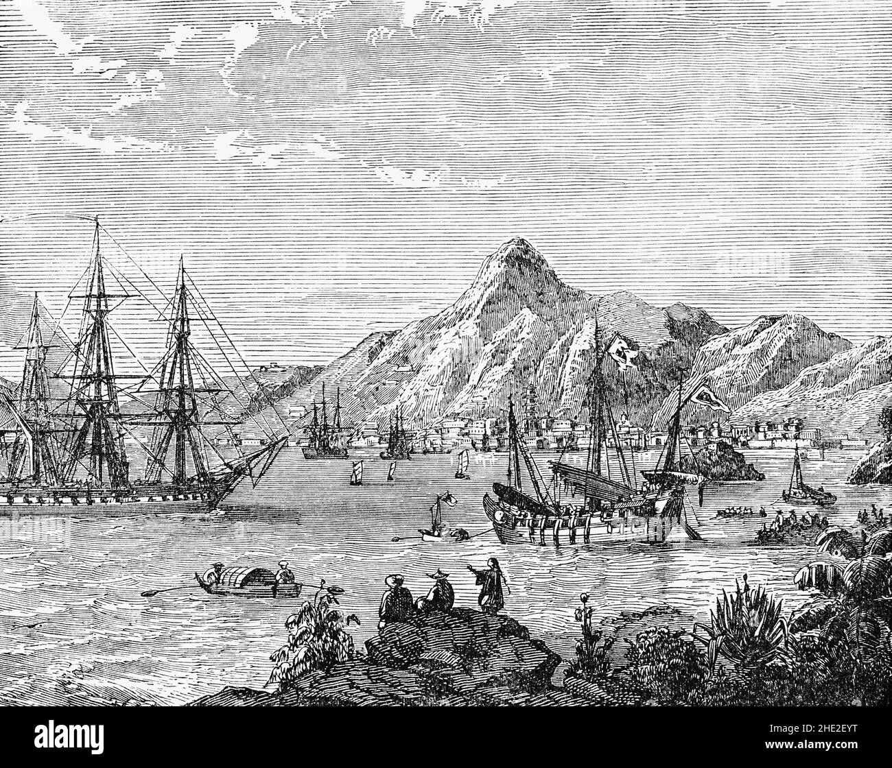 A late 19th Century illustration of Victoria Harbour, a natural harbour in Hong Kong separating Hong Kong Island in the south from the Kowloon Peninsula to the north. The harbour's deep, sheltered waters and strategic location on the South China Sea were instrumental in Hong Kong's establishment as a British colony in 1841 and its subsequent development as a trading centre. The City of Victoria, aka Victoria, was the de facto capital of Hong Kong during its time as a British dependent territory, it was initially named Queenstown but was soon known as Victoria. Stock Photo