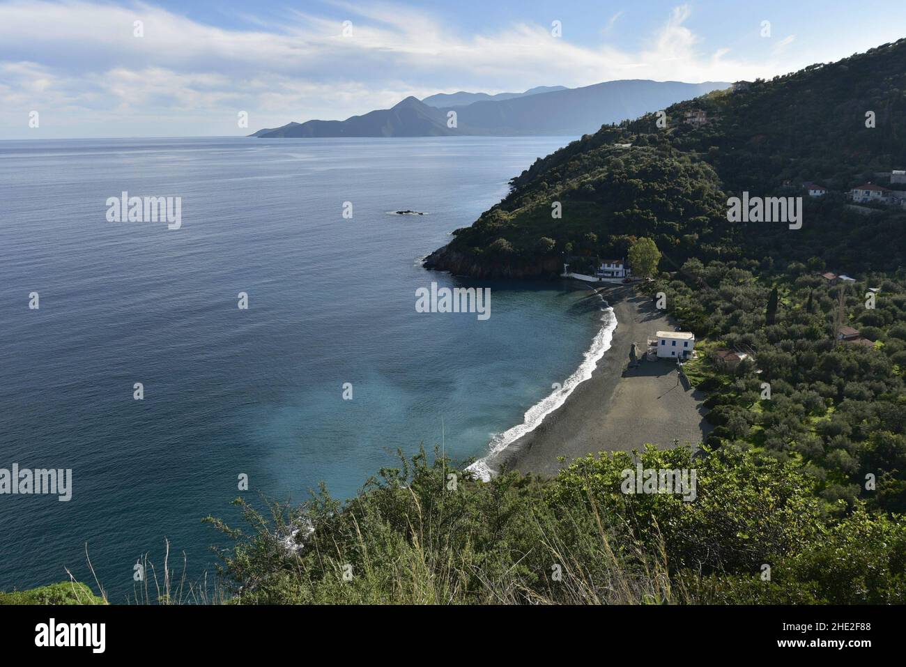 Landscape with panoramic view of Legaria, a sandy beach  of Arcadia in Peloponnese, Greece. Stock Photo