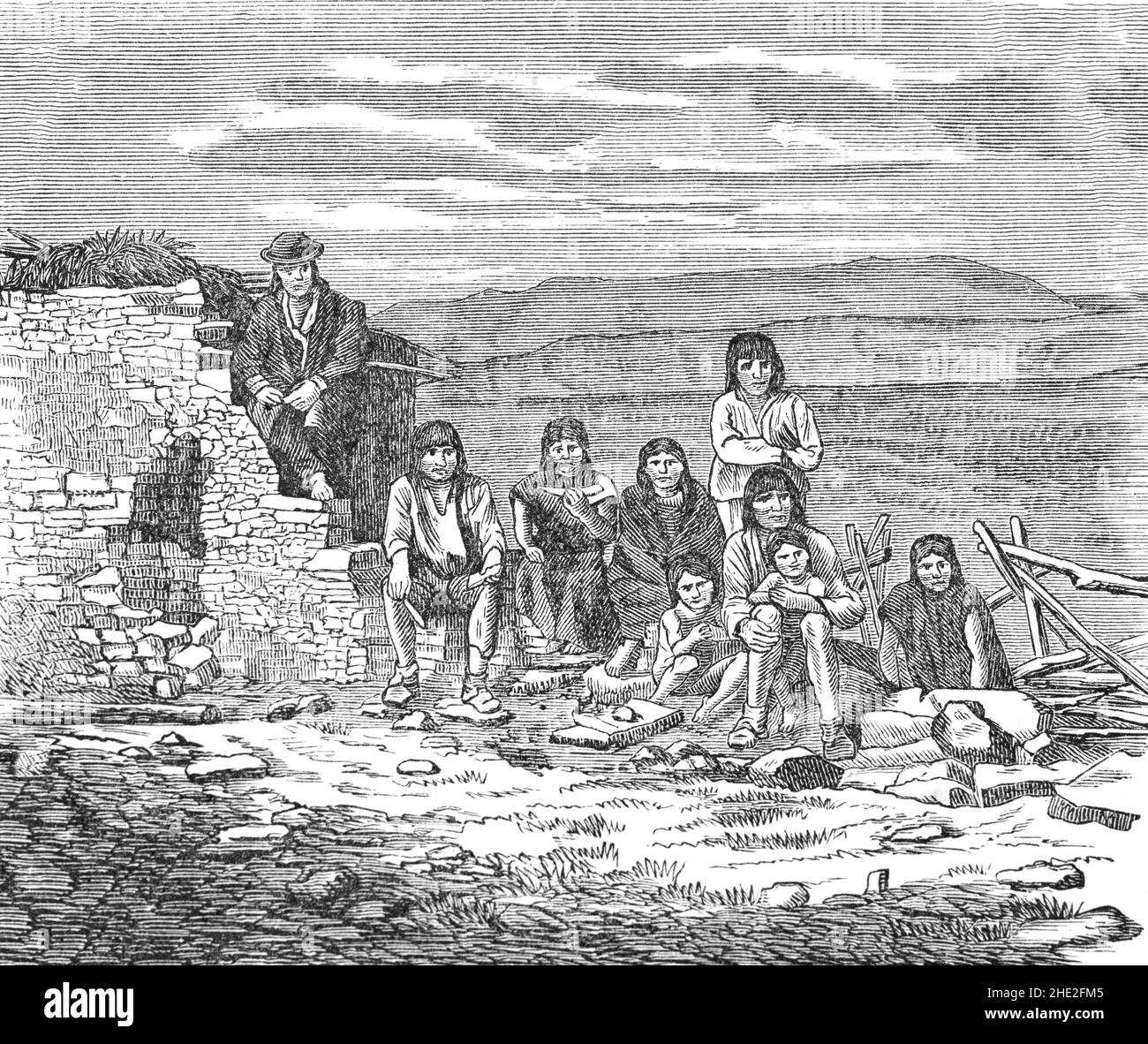 A late 19th Century illustration of a Mexican Indigenous family. Native Mexicans, aka Mexican Native Americans are those who are part of communities that trace their roots back to populations and communities that existed in what is now Mexico prior to the arrival of the Spanish in the 16th century. Stock Photo