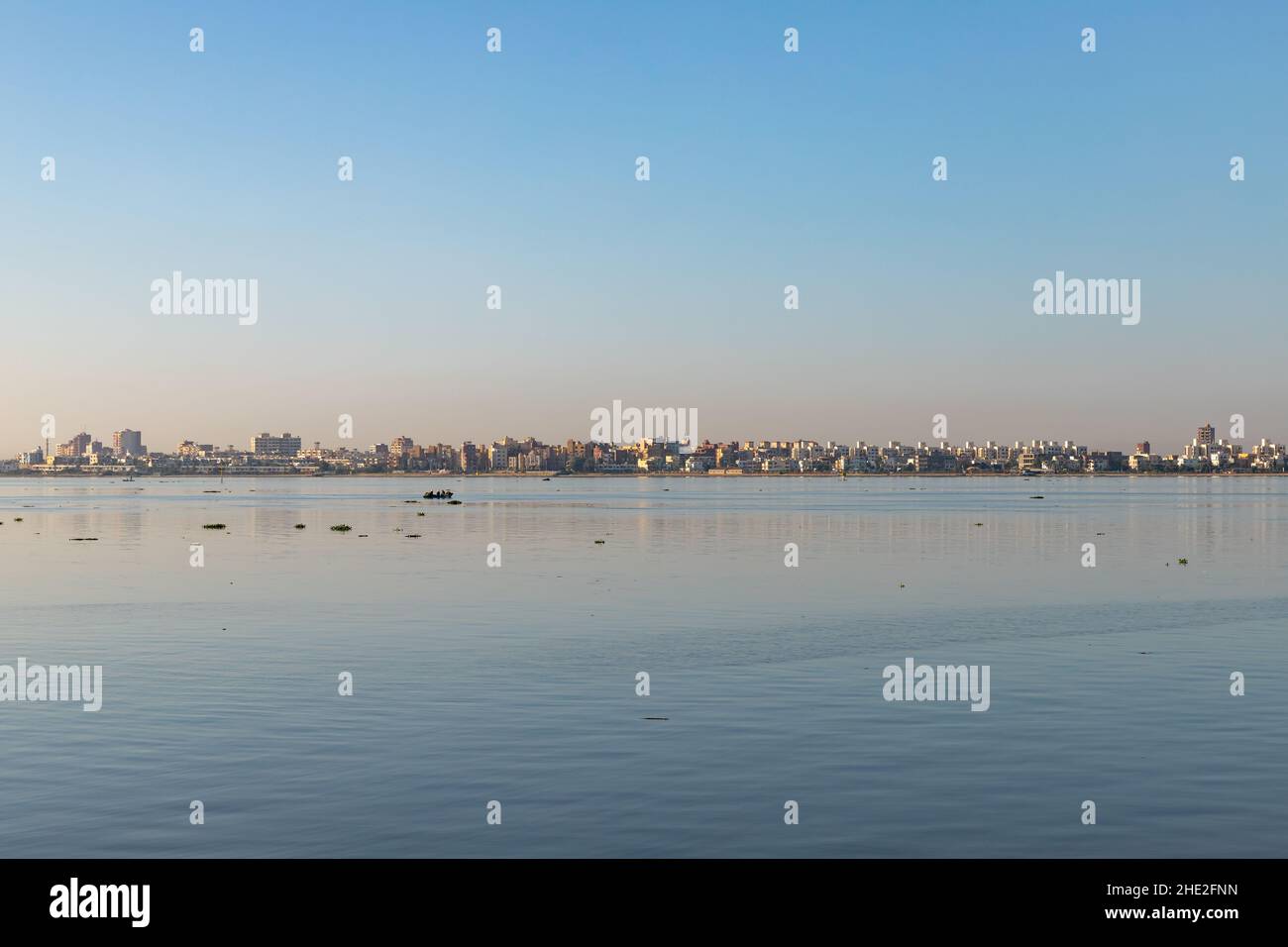 Lake Timsah, panoramic photo taken on a sunny day, it is one of the Bitter Lakes linked by the Suez Canal. Ismailia, Egypt Stock Photo