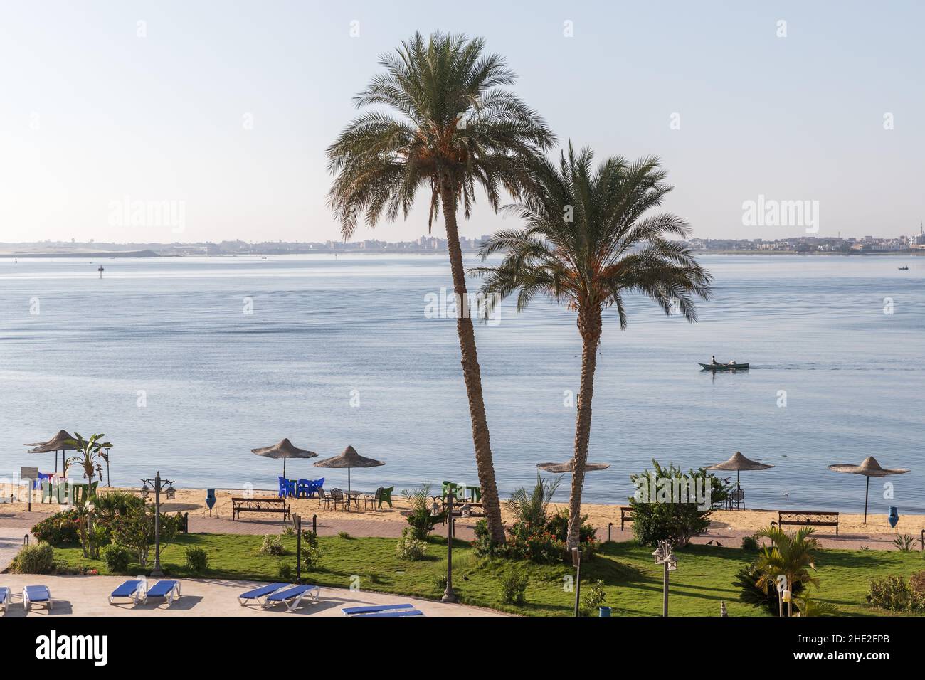 Palm trees grow on the beach at Lake Timsah, one of the Bitter Lakes linked by the Suez Canal. Ismailia, Egypt Stock Photo