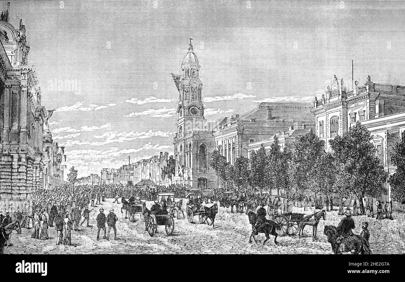 A late 19th Century illustration of Adelaide, named in honour of Queen Adelaide, the city was founded in 1836 as the planned capital for the only freely-settled British province in Australia. Colonel William Light, one of Adelaide's founding fathers, designed the city centre and chose its location close to the River Torrens. Early colonial Adelaide was shaped by the diversity and wealth of its free settlers, in contrast to the convict history of other Australian cities. Stock Photo