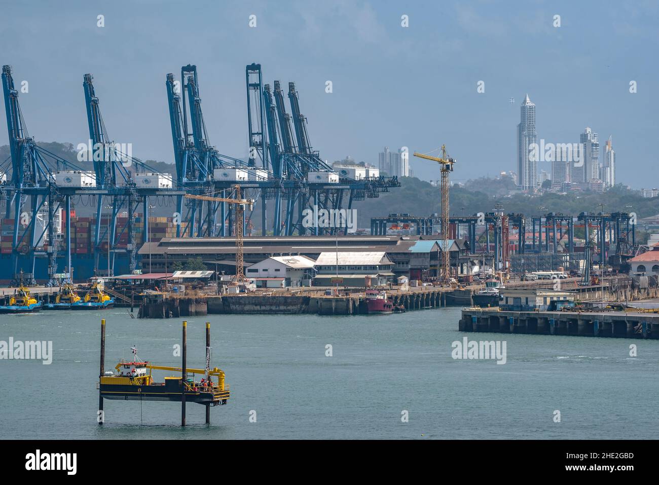 Entrance to the Panama Canal and container loading area in the port of Balboa Stock Photo