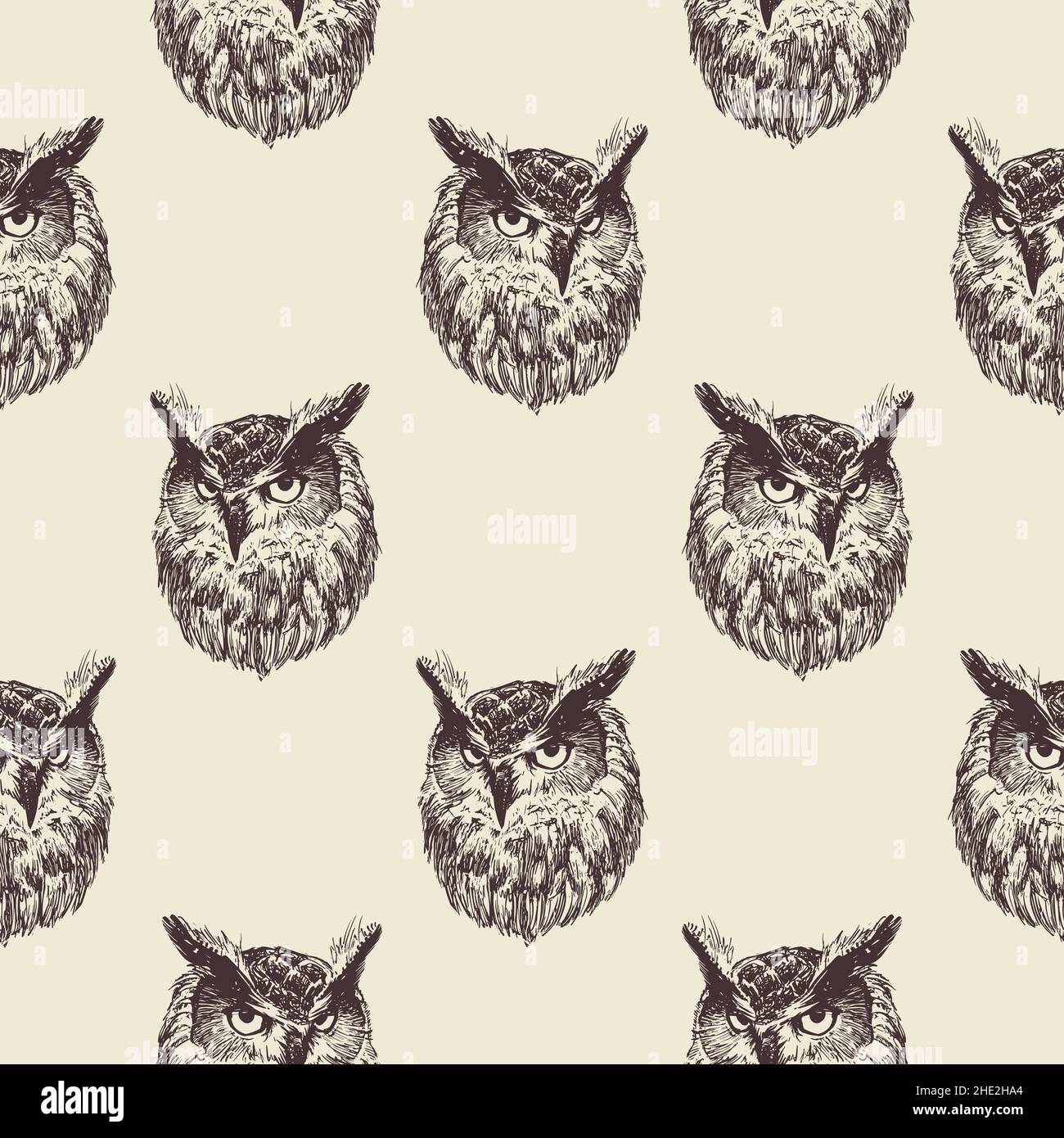 Pattern of hand-drawn owls on a beige background for printing on paper, textiles and decoration. Vector illustration. Stock Vector