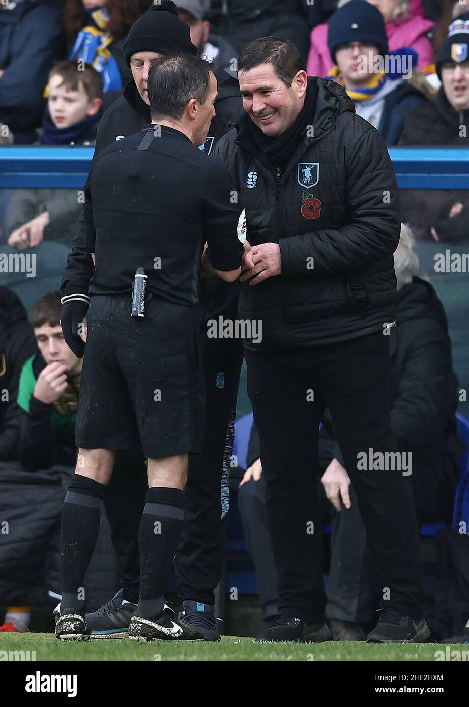 Mansfield, UK. 8th Jan, 2022. Nigel Clough manager of Mansfield Town speaks to the referee during the Emirates FA Cup match at the One Call Stadium, Mansfield. Picture credit should read: Darren Staples/Sportimage Credit: Sportimage/Alamy Live News Stock Photo