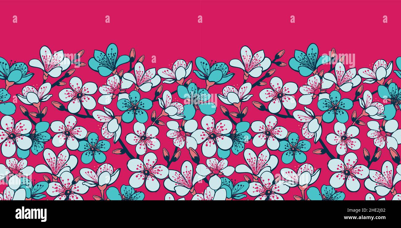 Vector red floral horizontal border background with cyan cherry blossom sakura flowers. Suitable for greeting card and posters. Stock Vector