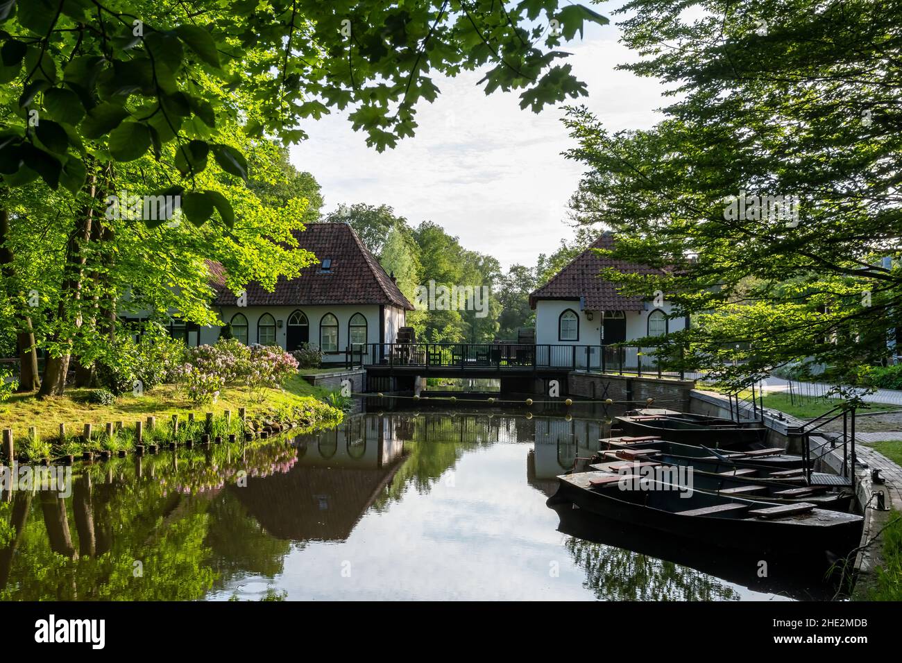 Close-up of the historic watermill Den Helder with rowing boats Stock Photo