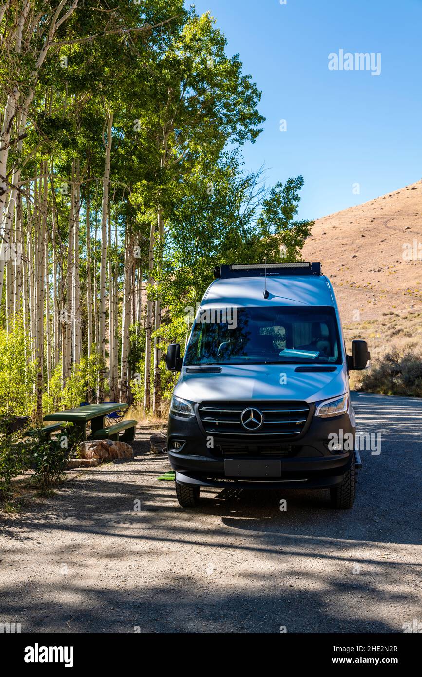 Airstream Interstate 24X campervan among Aspen Trees; Water Canyon Recreation Area; Winnemucca; Nevada Stock Photo