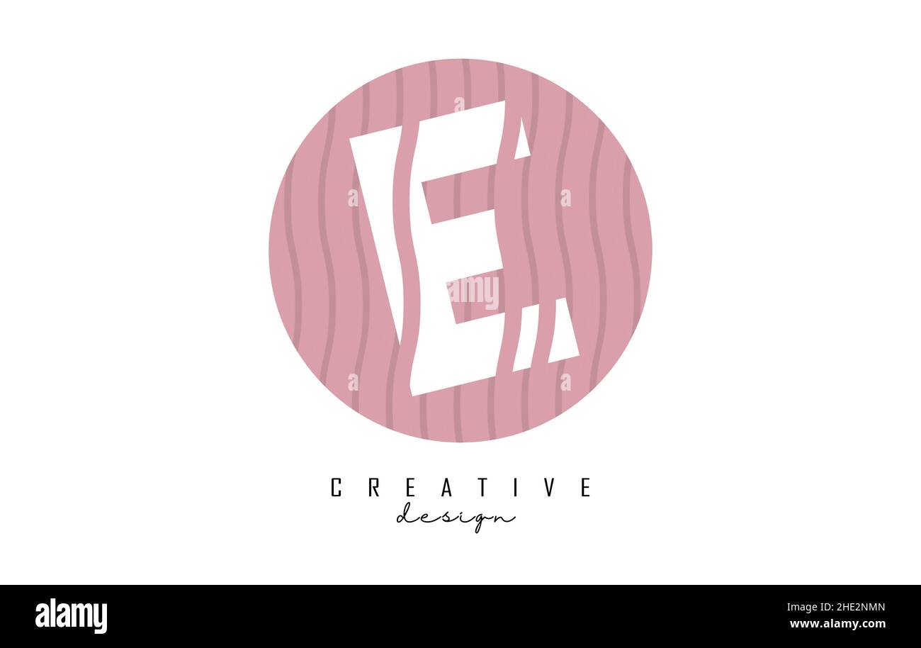Letter E logo design on a pink pattern background circle. Creative vector illustration design with stripes, zig zag lines and 3D effect. Stock Vector