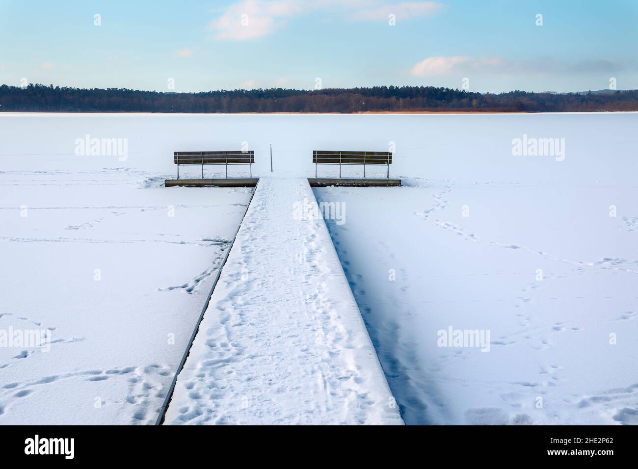 Bathing jetty in the snow. Shot from a lake at Skanderborg, Denmark Stock Photo