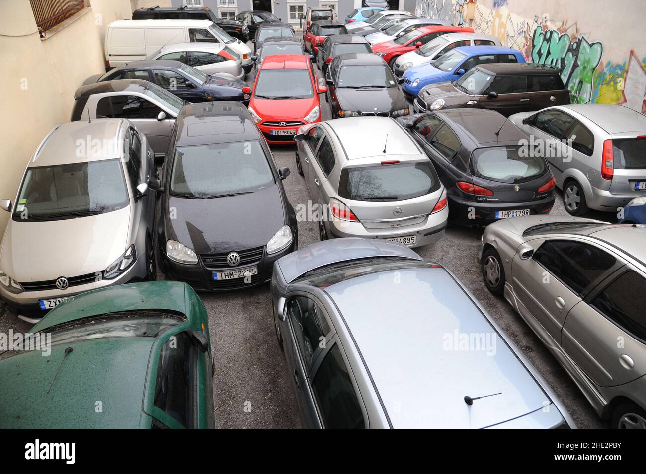 Parked Cars, Athens, Greece. Stock Photo