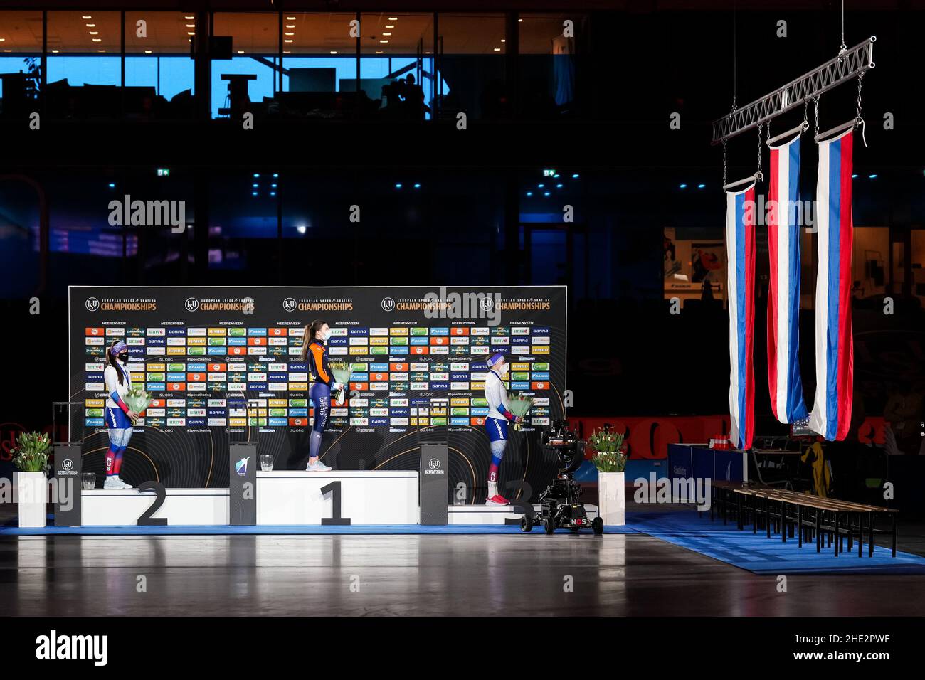 HEERENVEEN, NETHERLANDS - JANUARY 8: Angelina Golikova of Russia, Femke Kok of the Netherlands and Daria Kachanova of Russia during the Medal Ceremony after competing in the Women's 500m during the 2022 ISU European Speed Skating Championships at Thialf on January 8, 2022 in Heerenveen, Netherlands (Photo by Douwe Bijlsma/Orange Pictures) Stock Photo