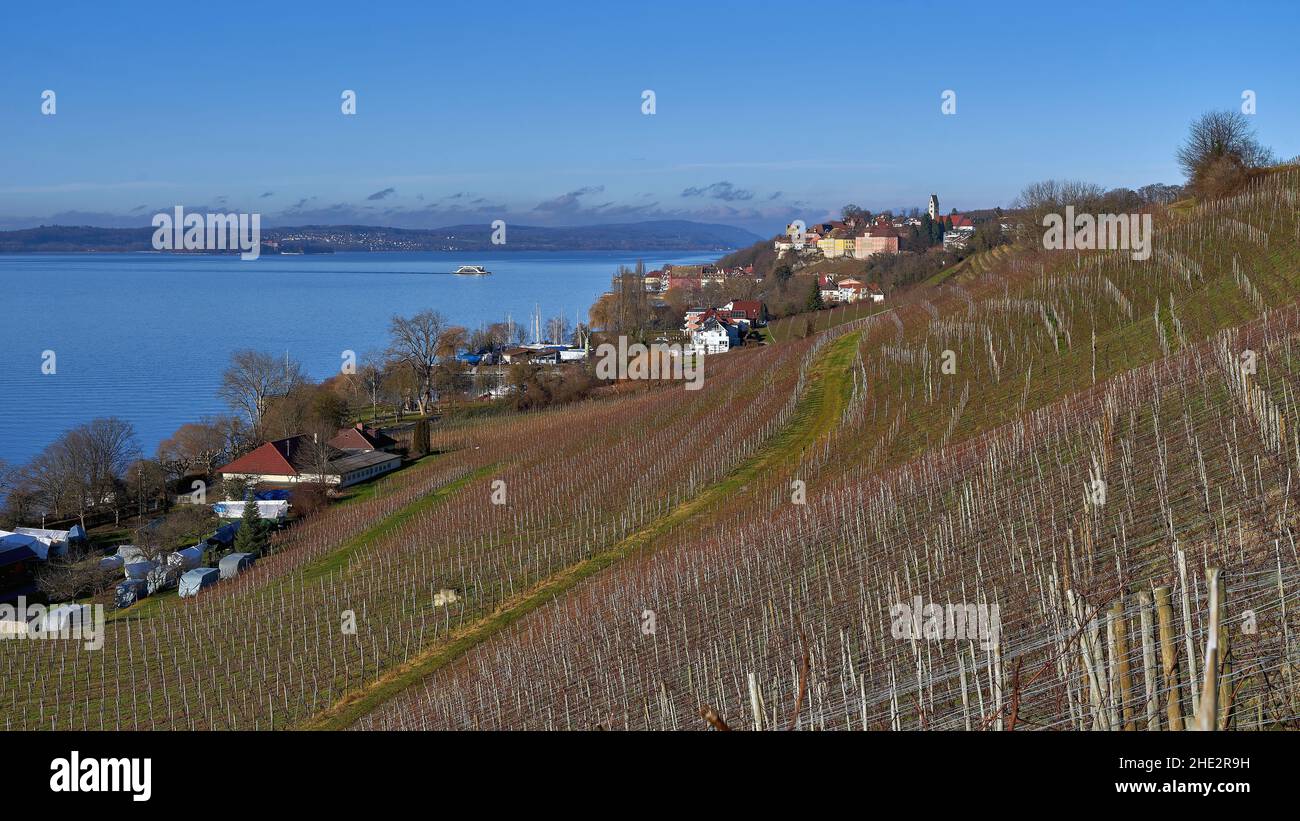 View of Meersburg and Lake Constance. Historic vineyard, Rebgut Haltnau in the foreground. Baden-Wuerttemberg, Germany Stock Photo