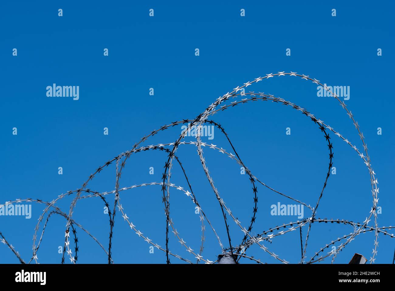 Barbed wire on fence with blue sky Stock Photo