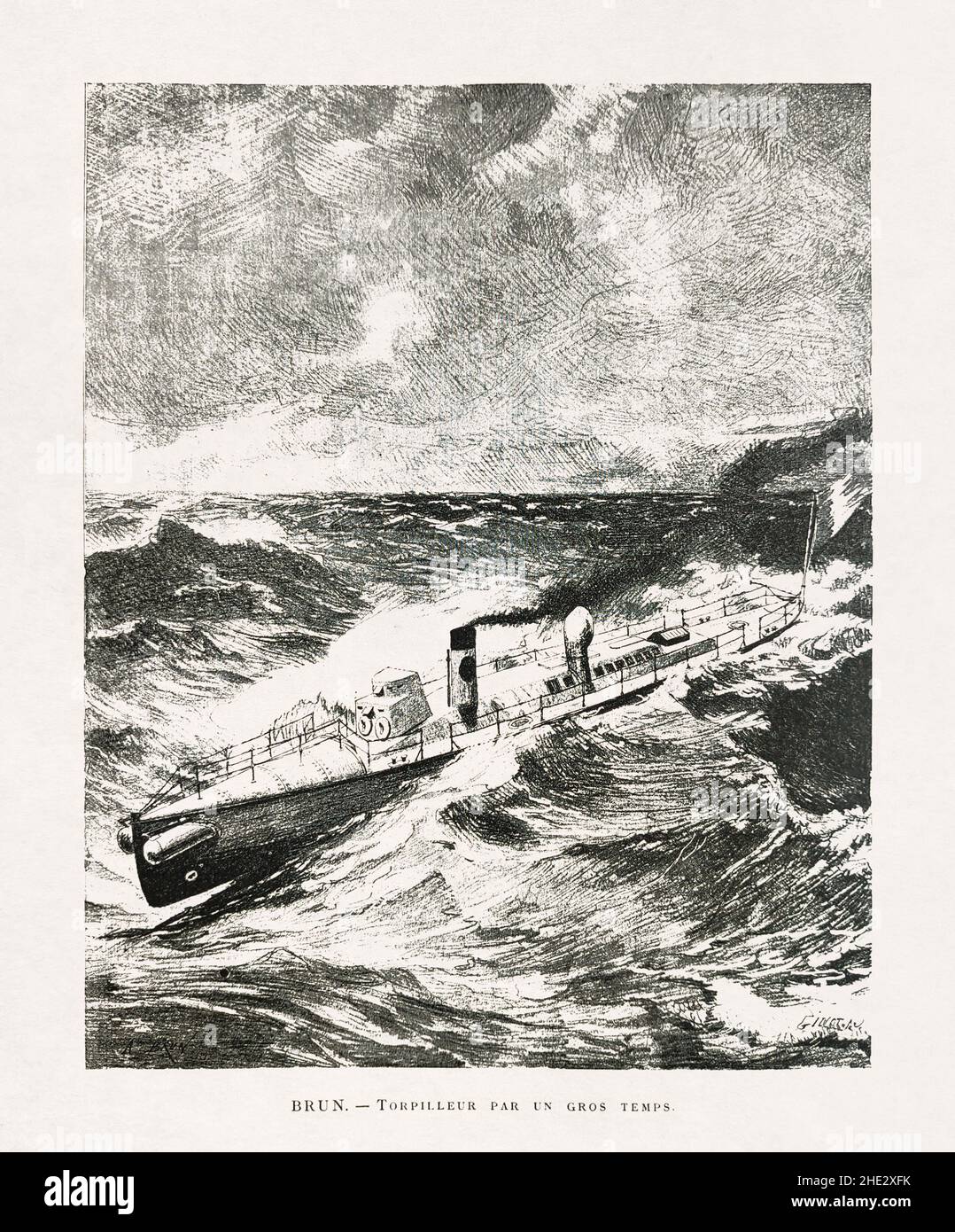 Illustration entitled 'Torpedo boat in heavy weather' by Brun and engraved by Gillot published in late 19th century in the monthly magazine 'Paris ill Stock Photo