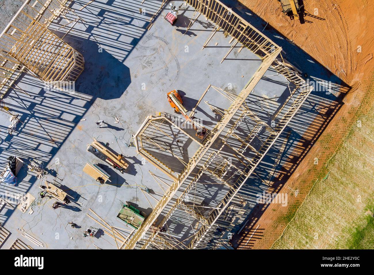 Aerial view of wood framework a new wooden house under construction Stock Photo
