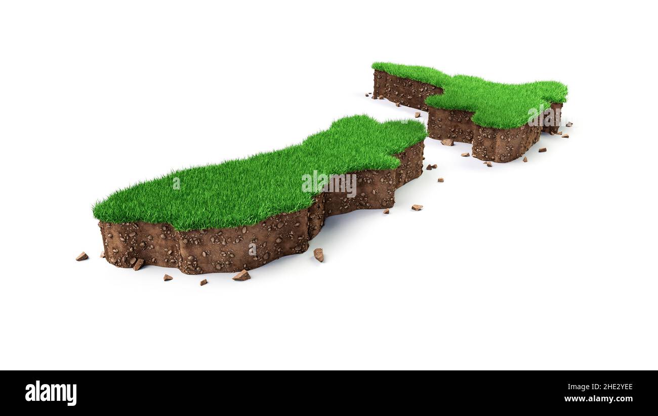 A 3d render of New Zealand Map with green Grass on isolated white background Stock Photo